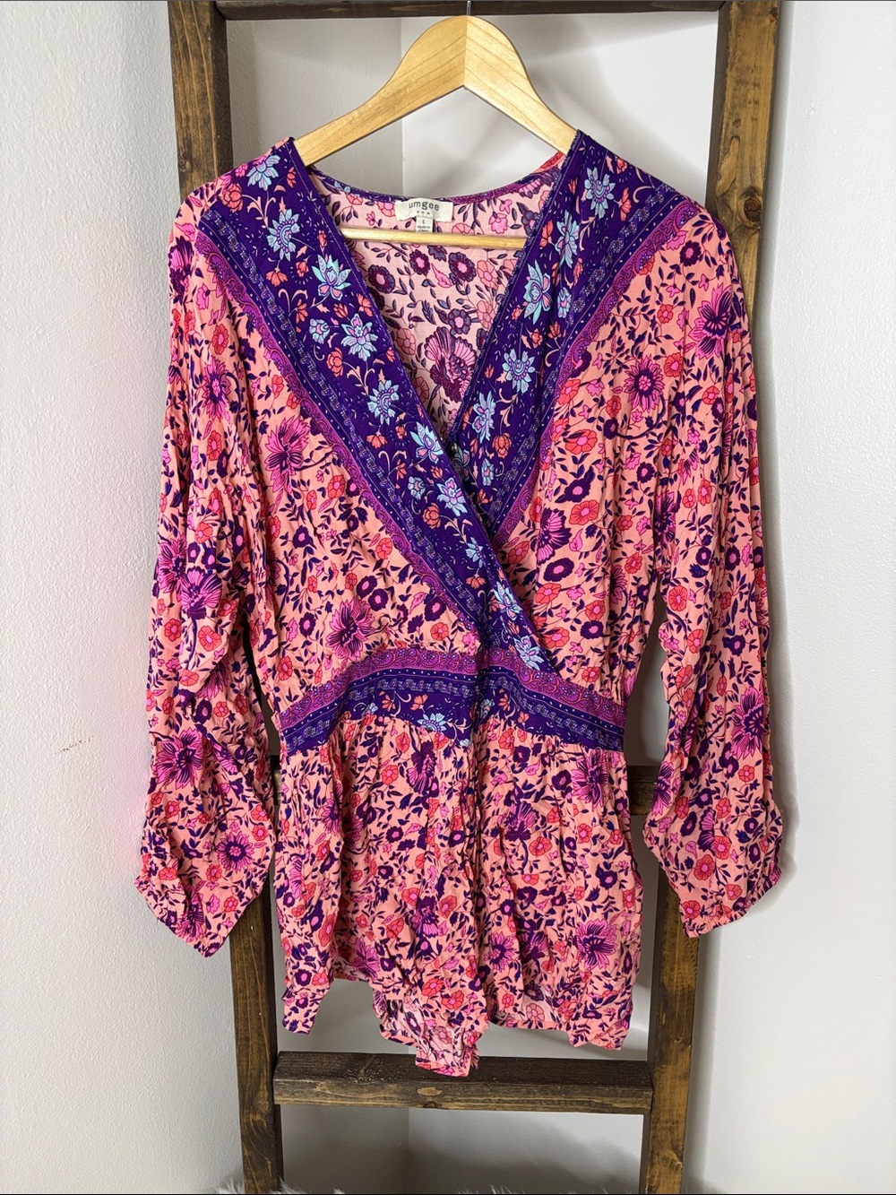 Umgee Pink and Purple Floral Wrap Romper Size L